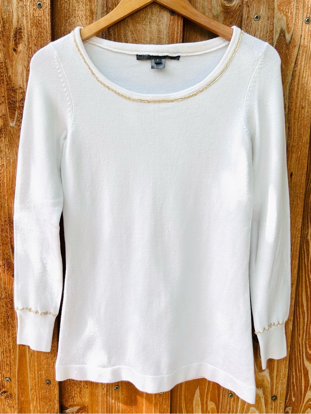French Connection Ivory Gold Metallic Trim Knit Sweater Size S